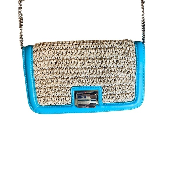 Turquoise leather&natural straw crossbody or clutch gold lock & removable chain - Picture 7 of 13